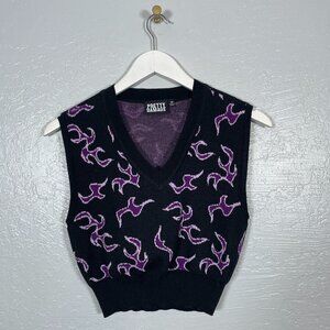 Pretty Damage Women M Black Purple Tribal Flame Sweater Vest Cropped V-Neck
